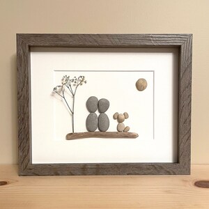 Pebble Art Couple and Dog • 8x10 • handmade framed artwork • one of a kind, thoughtful gift or unique home decor just for you!