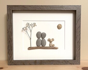 Pebble Art Couple and Dog • 8x10 • handmade framed artwork • one of a kind, thoughtful gift or unique home decor just for you!