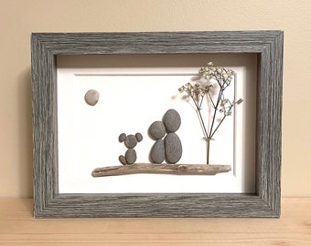 Pebble Art Couple with Dog • 5x7 • Handmade Framed Artwork • One of a Kind • Ready to Ship