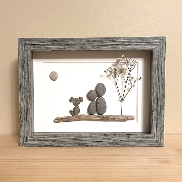 Pebble Art Couple with Dog • 5x7 • Handmade Framed Artwork • One of a Kind • Ready to Ship