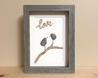 Pebble Art Love Birds • 5x7 • framed handmade artwork • one of a kind • ready to ship • engagement gift, wedding gift, anniversary gift