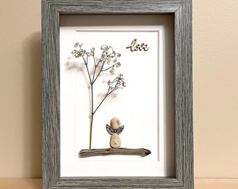 Pebble Art Angel • 5x7 • framed • unique bereavement gift or memorial gift for the loss of a loved one