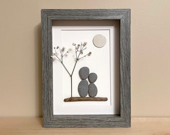 Pebble Art Couple • 5x7 • framed • unique 5th anniversary - wood, 10th anniversary - aluminum or tin, or 25th anniversary gift - silver!