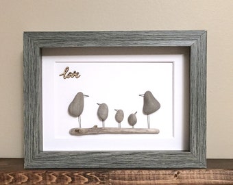 Family of Five Pebble Art Birds  • 5x7 • framed handmade artwork • one of a kind • ready to ship - unique Mothers Day or Fathers Day gift