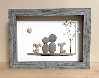 Pebble Art Couple with Two Dogs • 5x7 • handmade framed artwork • one of a kind • ready to ship