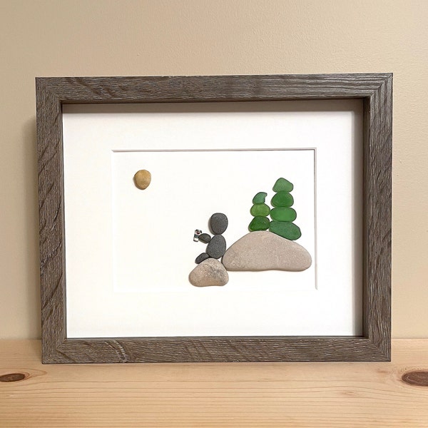 Pebble Art Person Drinking a Coffee with Sea Glass Trees • 8x10 • framed