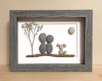 Pebble Art Couple with Dog • 5x7 • framed handmade artwork • one of a kind • ready to ship