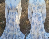 Vintage Gunne Sax Dress Small 9 Blue Rose Floral Maxi Dress Lace Long Sleeves Corset bodice shawl collar cottage core