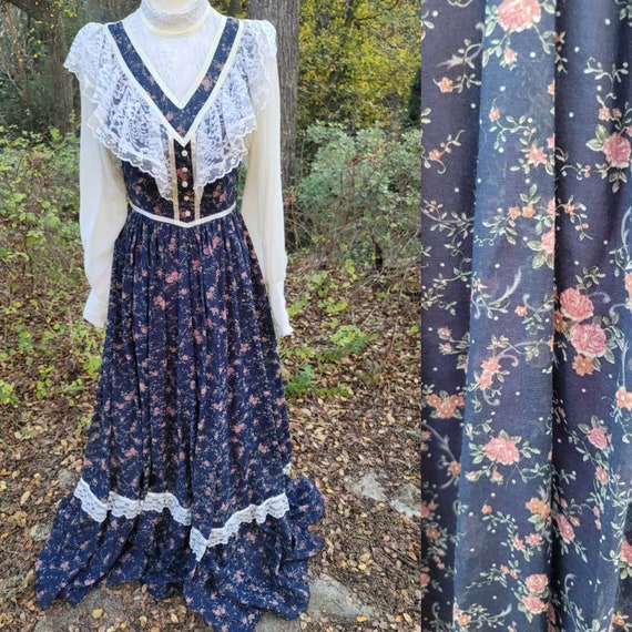 Vintage Gunne Sax Dress 5 XS Blue Navy Pink Rose F