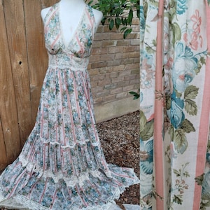 Hold Vintage Gunne Sax Halter Dress 11 Medium Small Pink Blue White Striped Rose Floral Maxi Dress Cottage Core Boho