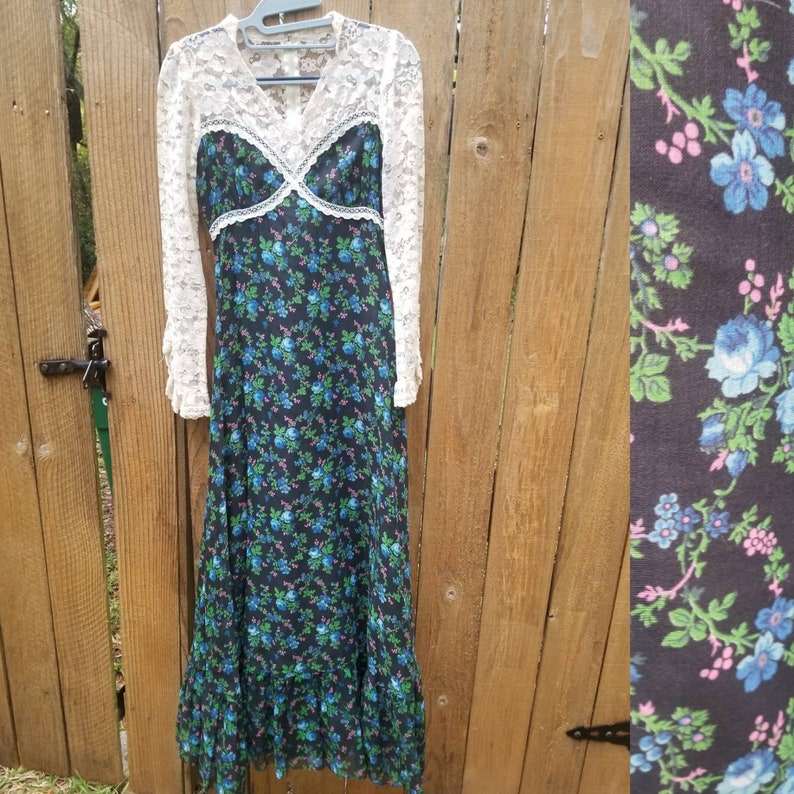 1960s 7 gunne sax xs small dress black floral lace neckline high neckline maxi dress pink green flroal boho festival