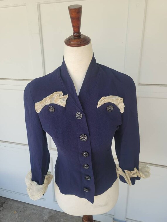 Vintage 30s 40s blazer jacket xs small navy lace … - image 1