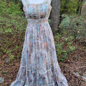 Vintage Gunne Sax Maxi Dress 7 Floral Corset Lace up Sleeveless Bodice ...