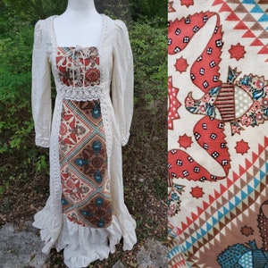 Vestido vintage Gunne Sax, talla 11, pequeño, mediano, con águila, estampado novedoso, etiqueta negra, estilo bohemio, festival, estilo cottage core, estilo bohemio.