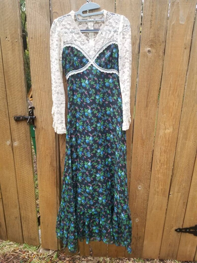 1960s 7 gunne sax xs small dress black floral lace neckline high neckline maxi dress pink green flroal boho festival