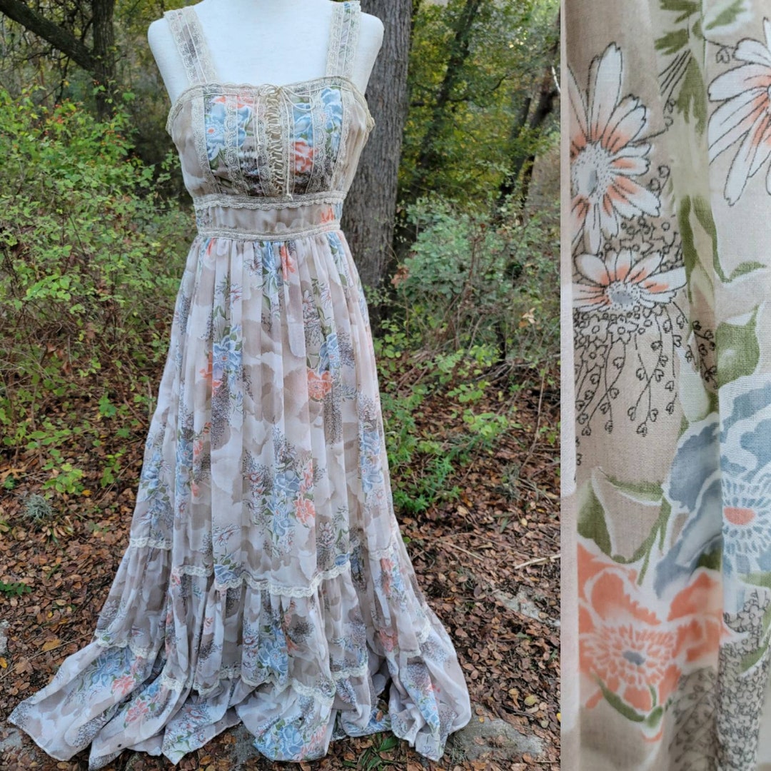 Vintage Gunne Sax Maxi Dress 7 Floral Corset Lace up Sleeveless Bodice ...