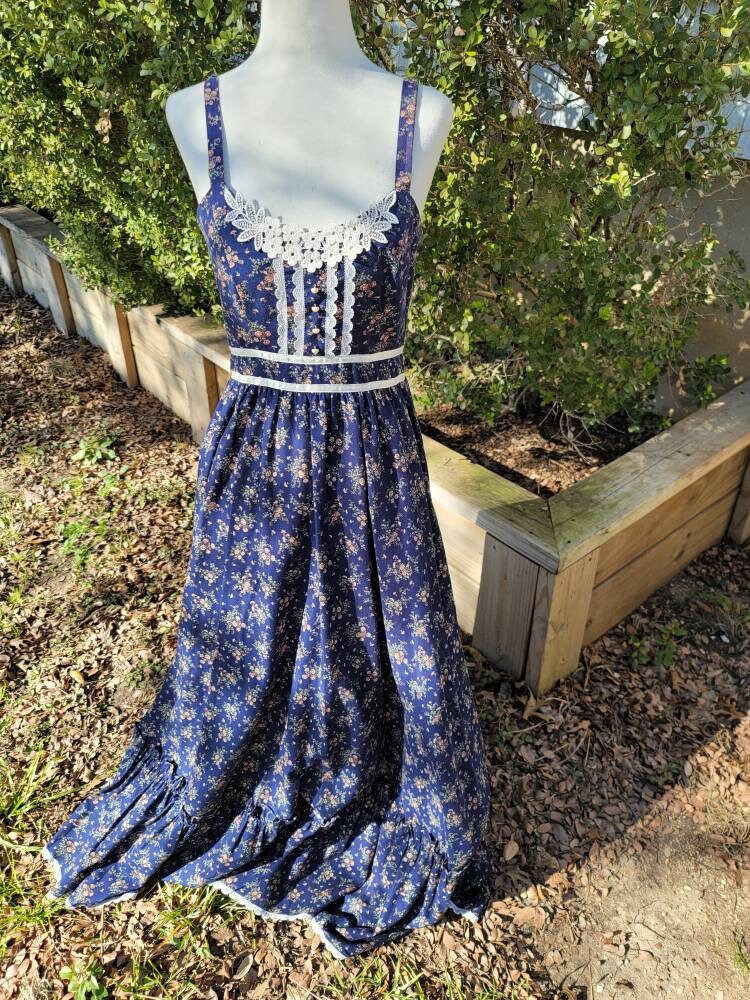 Vintage Gunne Sax Dress 7 Xs Small Dress Blue Navy Floral Lace - Etsy