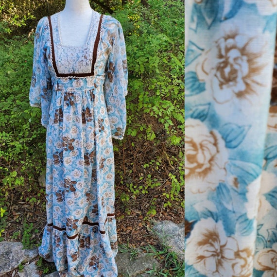 Vintage 70s maxi dress XS blue rose print Jody T v
