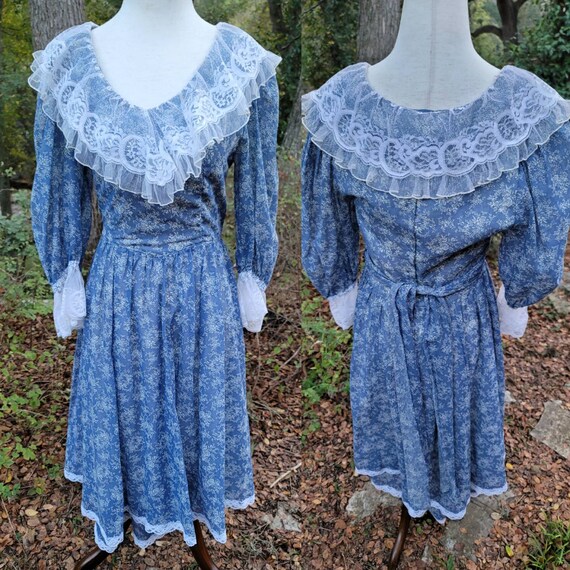 Vintage 70s Gunne Sax Midi Dress 9 Small Blue rose