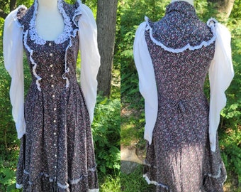 Vintage Gunne Sax Dress 11 Small Medium Midi Dress Brown Floral long sleeve lace cottage core boho