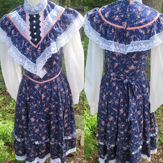 Vintage Gunne Sax Dress 9 Small Navy Pink Rose Pr… - image 1