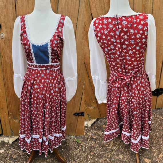 Vintage Gunne Sax midi dress 7 small red blue vel… - image 1