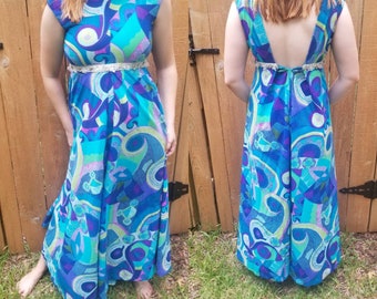 Vintage jumpsuit 60s small xs mod palazzo pant suit geometric purple blue green rhinestones groovy women's clothing