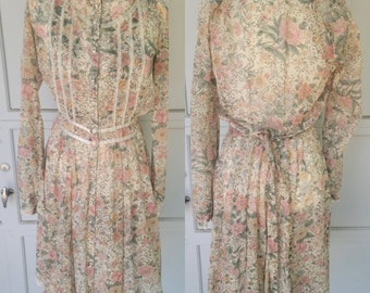 Vintage Gunne Sax Dress 7 9 small midi dress floral button up pink green yellow lace boho cottage core 70s