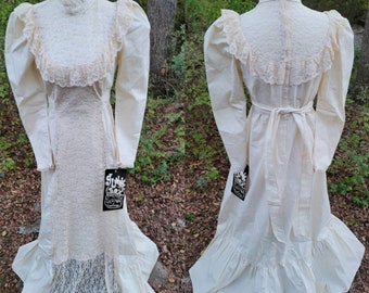 Vintage Gunne Sax Deadstock NWT 11 Small Medium White Lace Maxi Dress High Neck Cottage Core