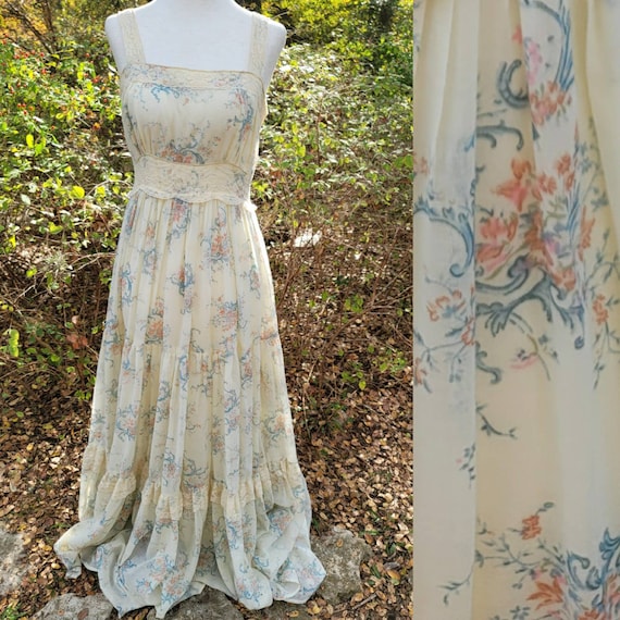 Vintage Gunne Sax Dress 13 Medium Creme White Blue