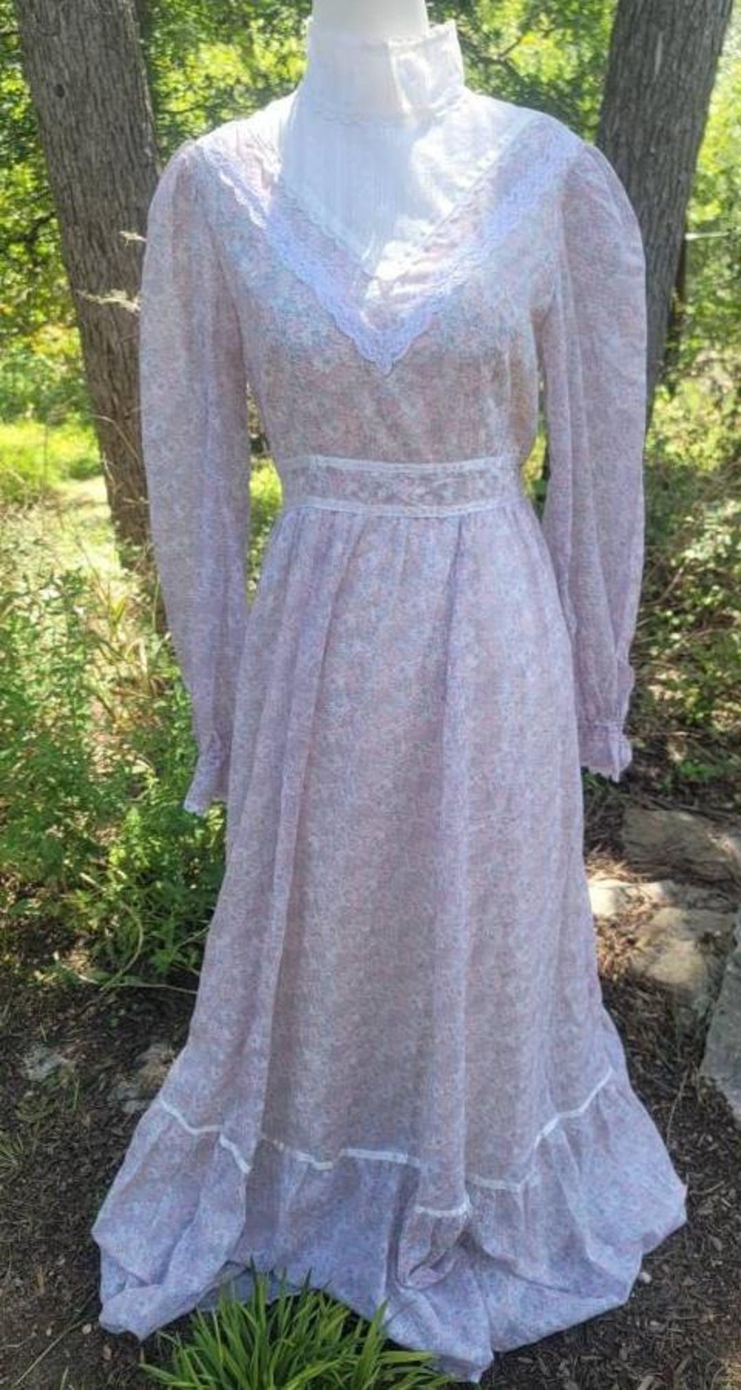 Vintage Gunne Sax Dress 9 Pink and Purplewatercolor Maxi High Neck Lace ...