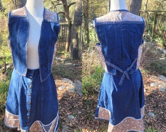 Vintage rooster print gunne sax set 9 small 70s denim skirt vest boho cottage core