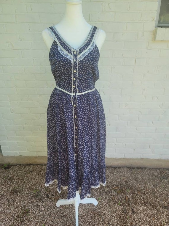 Vintage Gunne Sax Sun Dress 13 Medium Blue navy p… - image 4