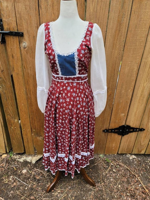 Vintage Gunne Sax midi dress 7 small red blue vel… - image 2