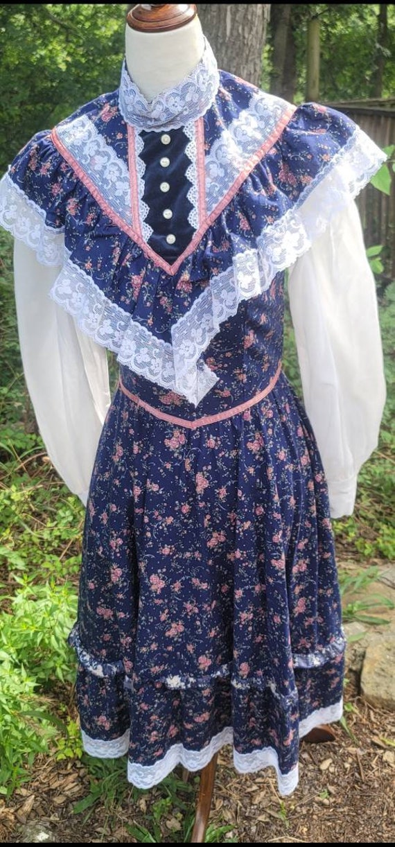 Vintage Gunne Sax Dress 9 Small Navy Pink Rose Pr… - image 2