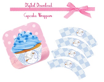 Baby Blue Boy Stork Cupcake Cover Wrappers for Baby Shower