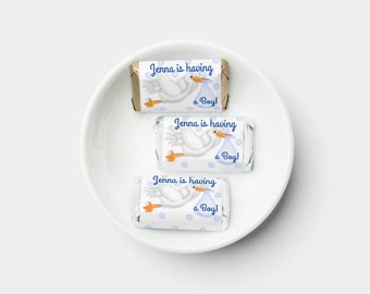 Baby Shower Blue Stork - PRINTED Labels fits Hershey Miniature Candy Bars (Not Included) - Blue, Boy, Party Favors, Personalized, Stickers