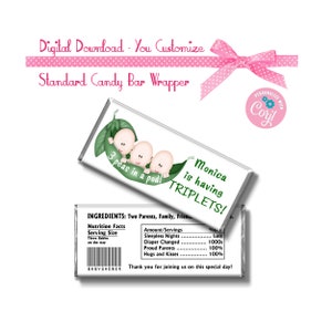 Triplets Peas in a Pod Baby Shower Unisex Custom 1.55 oz Taille Standard Candy Bar Wrapper Party Favors Téléchargement instantané - VOUS LE PERSONNALISEZ