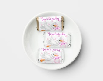 Baby Shower Pink Girl Stork - PRINTED Labels fits Hershey Miniature Candy Bars (Not Included) - Pink, Girl, Party Favors, Personalized