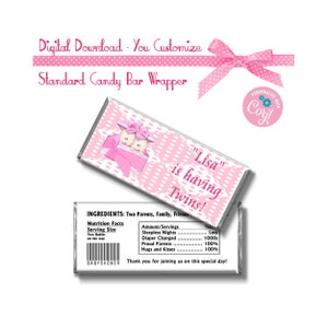 Pink Girl Twins Baby Shower Custom 1,55 oz Taille standard Candy Bar Wrapper Party Favors Téléchargement instantané - VOUS LE PERSONNALISEZ
