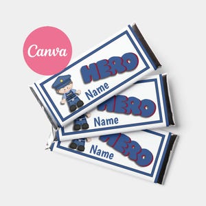 May include: Three rectangular chocolate bar wrappers featuring a white background with a blue border. Each wrapper displays a cartoon police officer, the word HERO in large blue letters with red outlines, and the word Name in blue text.