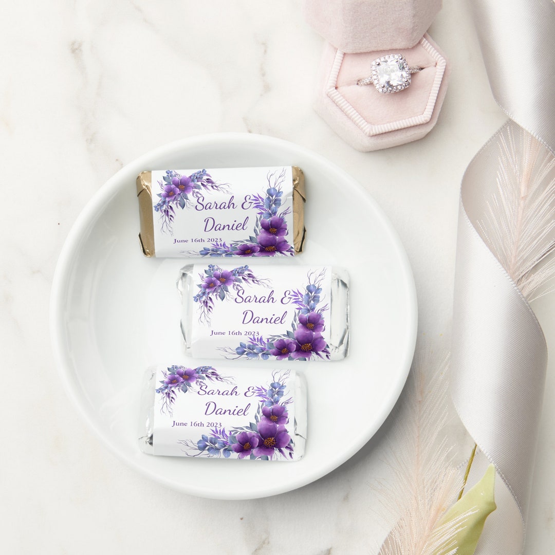 Write Labels Reception Purple Flowers Wedding Reception- PRINTED Labels Fits Hershey Miniature ...
