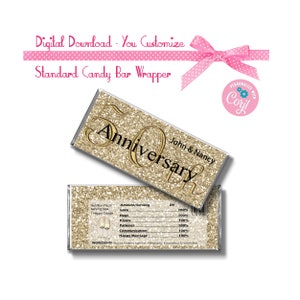 Glitter Print Golden 50th Wedding Anniversary Wedding Custom 1.55 oz Standard Size Candy Bar Wrapper Instant Download -YOU PERSONALIZE IT