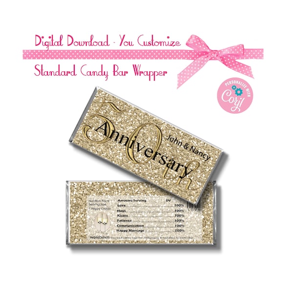 Glitter Print Golden 50th Wedding Anniversary Wedding Custom 1.55 oz Standard Size Candy Bar Wrapper Instant Download -YOU PERSONALIZE IT