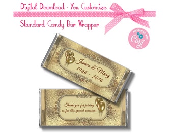 Golden 50th Wedding Anniversary Wedding Custom 1.55 oz Standard Size Candy Bar Wrapper Instant Download -YOU PERSONALIZE IT