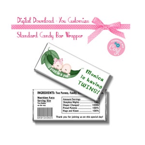 Garçon et fille jumeaux pois dans une cosse Baby Shower personnalisé 1,55 oz taille Standard Candy Bar Wrapper Party Favors Téléchargement instantané - VOUS LE PERSONNALISEZ