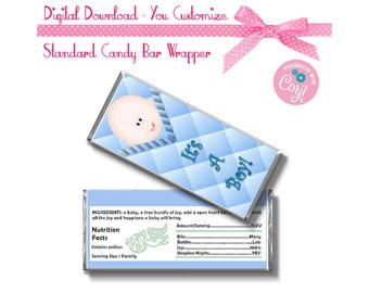 Baby Shower Boy Theme Custom 1.55 oz Standard Size Candy Bar Wrapper Emailed Link for Instant Download