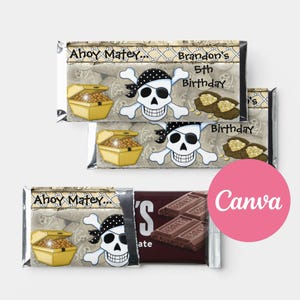 May include: Three rectangular chocolate bar wrappers featuring a pirate theme with a skull wearing a polka-dot bandana and eye patch, a yellow treasure chest, and gold coins. The text reads Ahoy Matey... Brandon's 5th Birthday.
