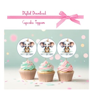 Happy Birthday Party, Baby Elephant Cupcake Toppers for Baby Shower - 2.5 inch PDF Download