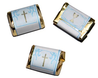 May include: Three small gold-wrapped chocolate bars with blue and white paper wrappers. Each wrapper features a religious symbol, a cross and a chalice.